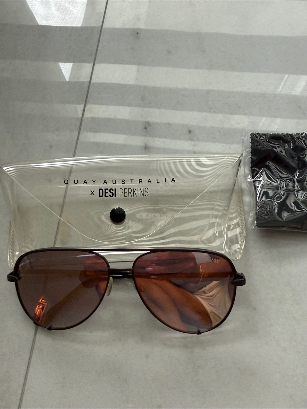 Desi Perkins Quay Australia Aviator Sunglasses - Brown Lenses, Black Frame
